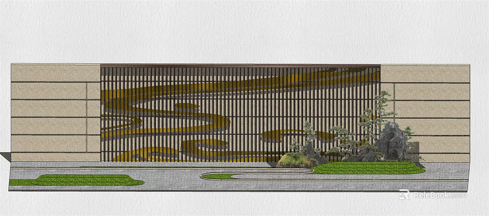 Modern Landscape Wall With Grille Design And Wavy Pattern Surrounding Green Lawn And Plants 3d model 