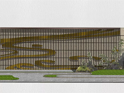 Modern Landscape Wall With Grille Design And Wavy Pattern Surrounding Green Lawn And Plants 3d model