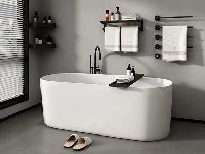 Modern Bathroom With White Freestanding Bathtub Towel Rack Slippers And Toiletries Shelf 3d model