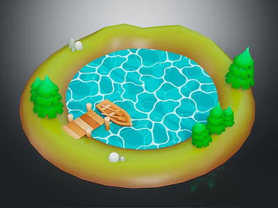 Round Pool Scene With Wooden Bridge Small Boat Green Trees And White Stones 3d model