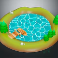 Round Pool Scene With Wooden Bridge Small Boat Green Trees And White Stones