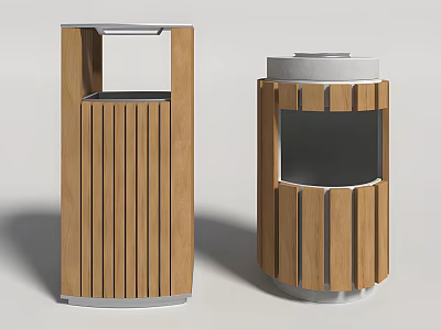 Modern Wooden Public Trash Bins With Sleek Vertical And Circular Design 3d model