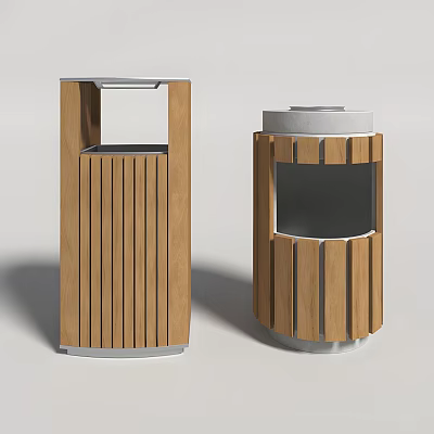 Modern Wooden Public Trash Bins With Sleek Vertical And Circular Design 3d model