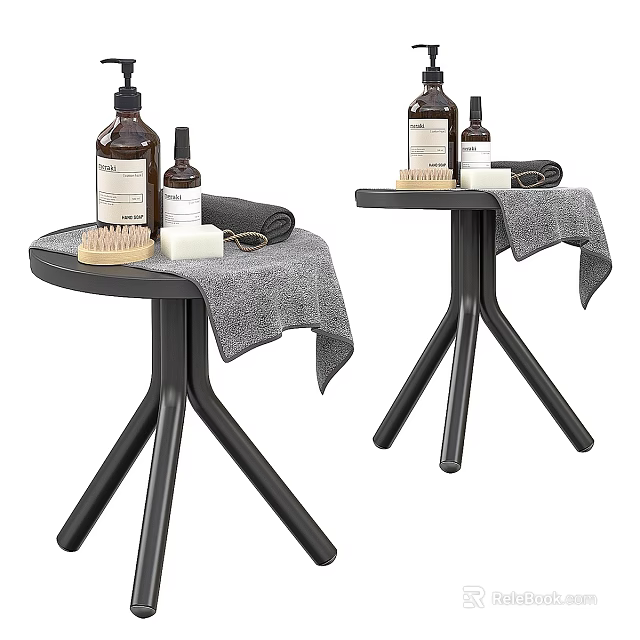 Bathroom Accessories On Black Side Tables With Bottles Soap Towel And Brush 3d model 