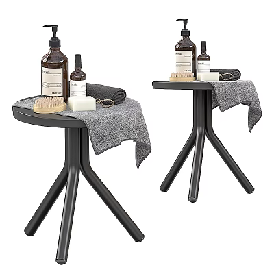 Bathroom Accessories On Black Side Tables With Bottles Soap Towel And Brush 3d model