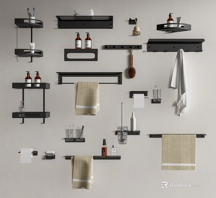 Black Bathroom Accessories Featuring Shelves Towel Racks And Hanging Towels 3d model 