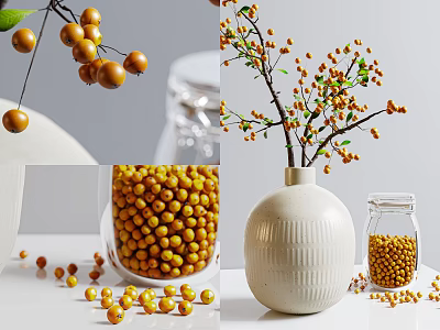 Elegant Decorative Ornament Set With White Ceramic Vase Yellow Berries And Glass Jar On Table 3d model