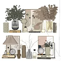 Modern Decorative Ornament Combination With Green Plants Vases Books And Lamp