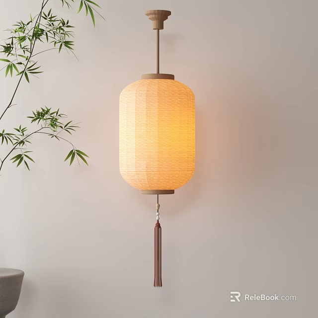Traditional Beige Paper Lantern Hanging With Warm Light And Bamboo On Minimalist Wall 3d model 
