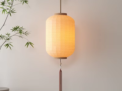 Traditional Beige Paper Lantern Hanging With Warm Light And Bamboo On Minimalist Wall 3d model