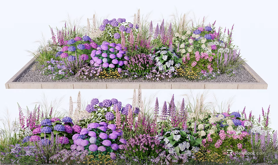 Vibrant Mixed Purple Pink White Flowers And Grasses In Garden Planter 3d model 