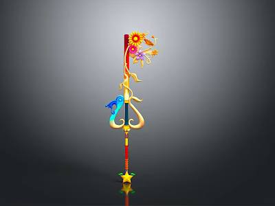 Decorative Weapon Featuring Sunflower Butterfly Blue Gold Accents And Red Shaft With Star Base 3d model