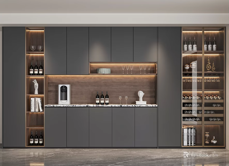 Modern Wine Cabinet Design Featuring Grey Cabinets Wooden Accents Marble Countertop And Glass Door Racks 3d model 
