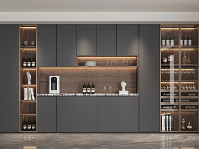 Modern Wine Cabinet Design Featuring Grey Cabinets Wooden Accents Marble Countertop And Glass Door Racks 3d model