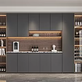 Modern Wine Cabinet Design Featuring Grey Cabinets Wooden Accents Marble Countertop And Glass Door Racks