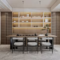 Modern Tea Room Interior With Wooden Shelves Tea Sets Table Chairs And Potted Plant