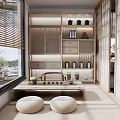 Traditional Japanese Tea Room Interior With Tatami Mats Wooden Shelves And Tea Sets