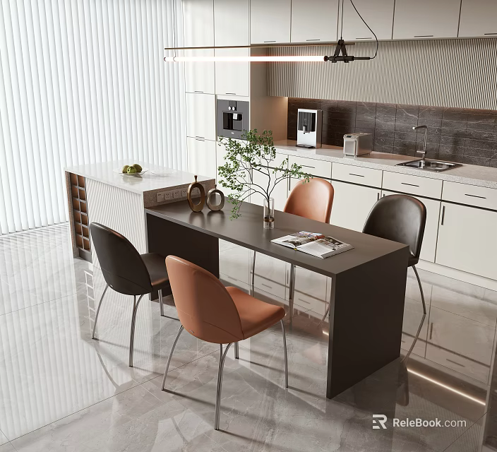 Modern Dining Table Set With Brown And Black Chairs Wooden Top In Bright Dining Area 3d model 