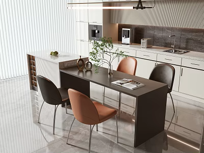 Modern Dining Table Set With Brown And Black Chairs Wooden Top In Bright Dining Area 3d model