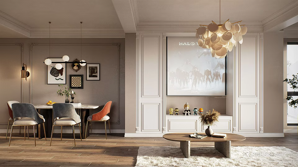 Modern Living and Dining Room Interior With Dining Table Chairs Chandelier And Decorative Paintings 3d model 