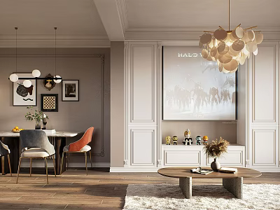 Modern Living and Dining Room Interior With Dining Table Chairs Chandelier And Decorative Paintings 3d model