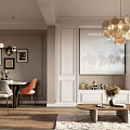 Modern Living and Dining Room Interior With Dining Table Chairs Chandelier And Decorative Paintings