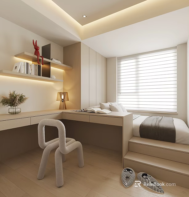 Modern Tatami Bedroom Interior Design With Desk Chair Bookshelf And Window Blinds 3d model 