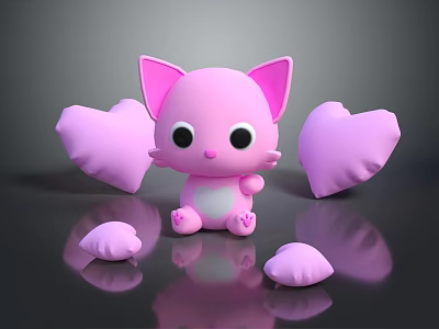 Pink Cat Game Character with Heart Shaped Pillows and Cute Design Elements 3d model