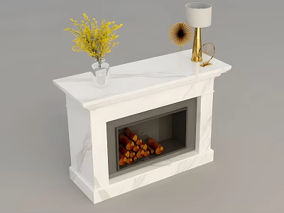 White Marble Fireplace Mantel With Yellow Flower Vase Table Lamp Decorative Fan And Wood Logs 3d model