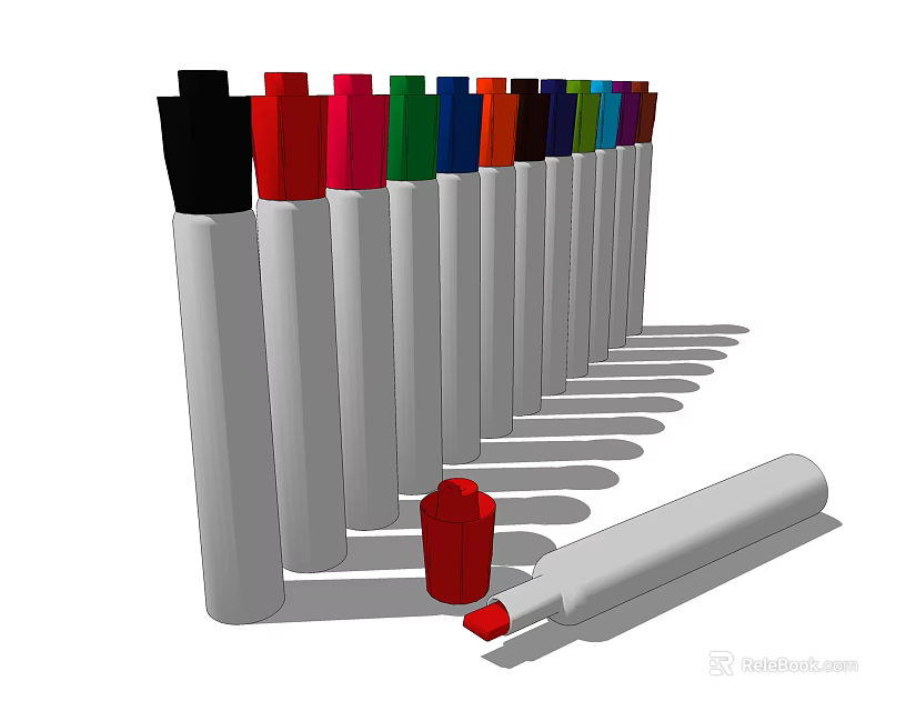Various Colored Markers with White Barrels Arranged in a Row Red Cap and Lying Marker 3d model 