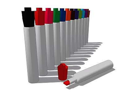Various Colored Markers with White Barrels Arranged in a Row Red Cap and Lying Marker 3d model