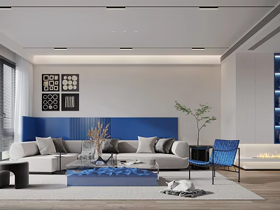 Modern Living Room Interior With Blue Sofa Backdrop White Sofa Blue Armchair And Coffee Table 3d model