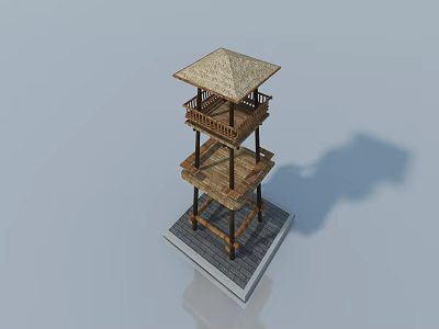 Traditional Wooden Side Hung Doors For Multi Layered Pagoda With Balcony Design 3d model
