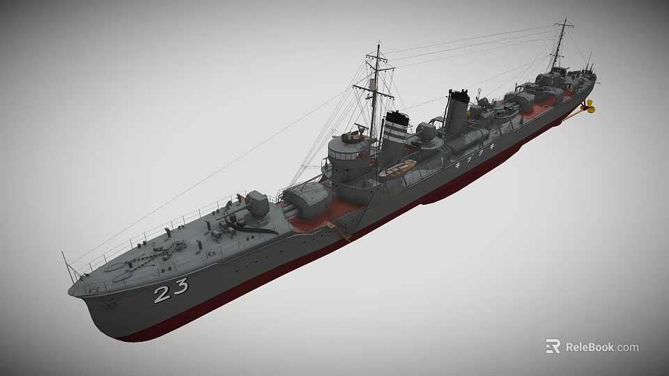 Military Warship Model With Turrets Mast Weapons On Deck Number 23 3d model 