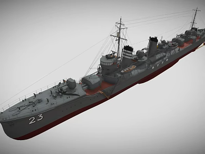 Military Warship Model With Turrets Mast Weapons On Deck Number 23 3d model