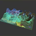 Mountain Landscape With Blue Peaks Yellow Valleys Green Vegetation And Dark Terrain