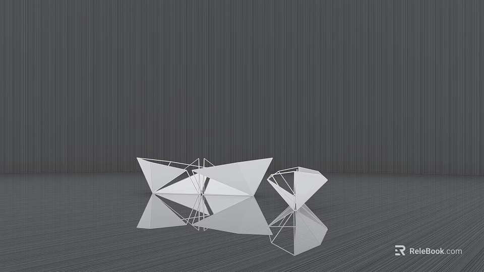 Abstract White Geometric Origami Sculpture Featuring Triangular Facets Symmetrical Structure Grey Striped Background Reflections 3d model 