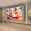 Modern TV Background Wall with Vibrant Lotus Pattern Painting Round Mirror and Green Plant