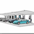 Tensile Membrane Canopy Covering Electric Vehicle Charging Station with Parked Cars