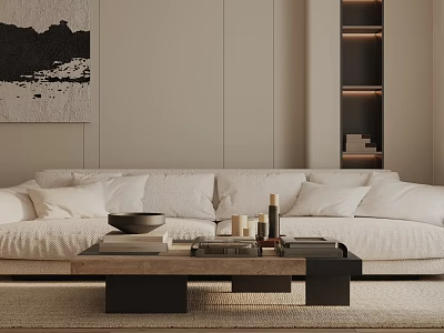 Modern Three Seater Sofa Interior With White Upholstery Pillows And Coffee Table 3d model