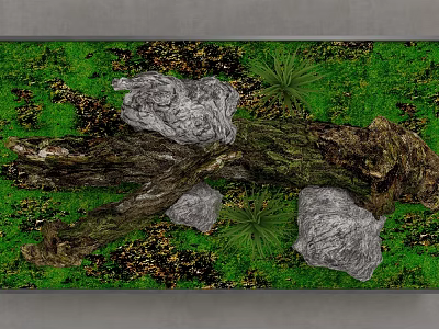Natural Background Wall Featuring Green Grass Stones Driftwood And Small Plants 3d model