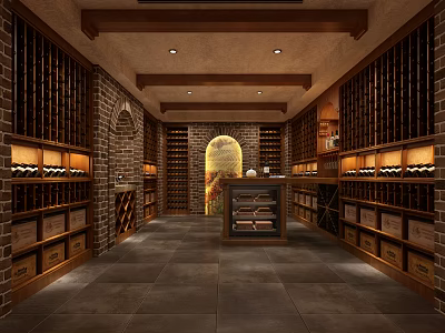 Elegant Wine Cellar With Brick Walls Wine Racks Arched Doorway And Wooden Ceiling 3d model