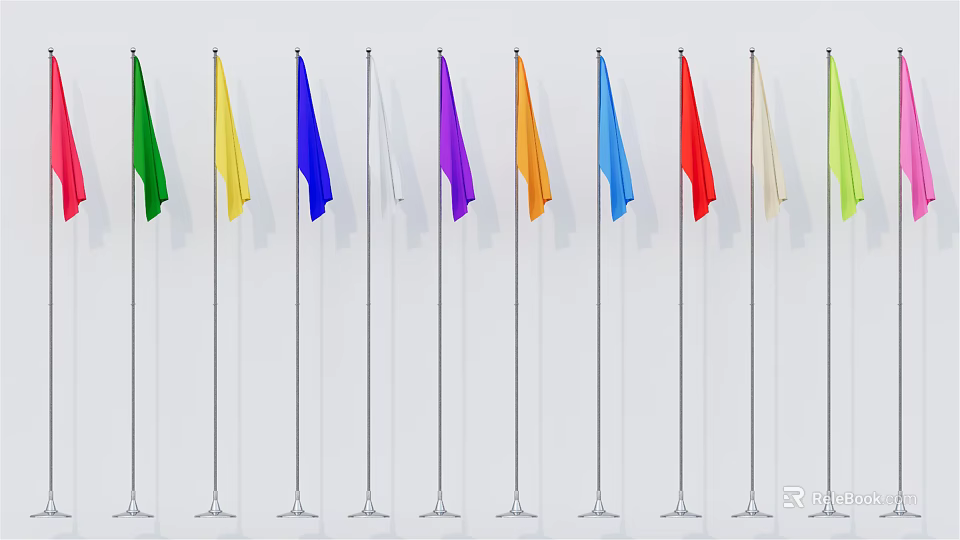 National Flags of Various Colors Arranged on Flagpoles in a Row 3d model 