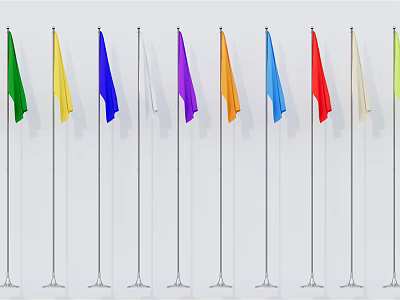 National Flags of Various Colors Arranged on Flagpoles in a Row 3d model