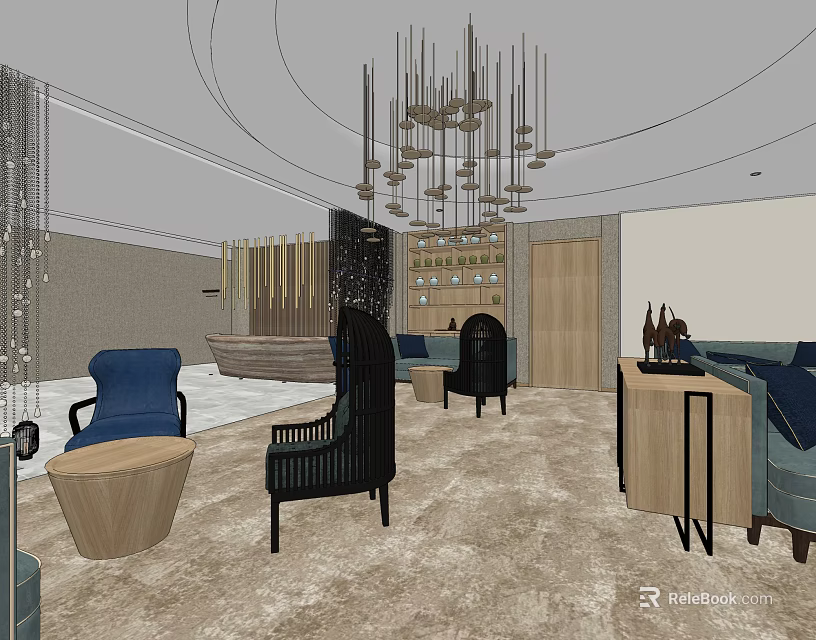 Modern Shop Front Desk With Chandelier Seats Carpet And Decorative Elements 3d model 