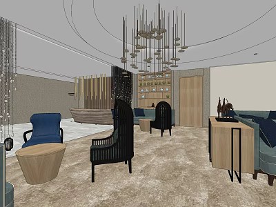 Modern Shop Front Desk With Chandelier Seats Carpet And Decorative Elements 3d model