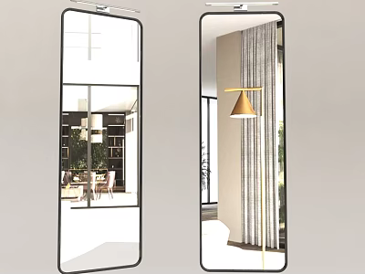 Full Length Mirrors Reflecting Modern Interior With Furniture Lamp And Curtains 3d model