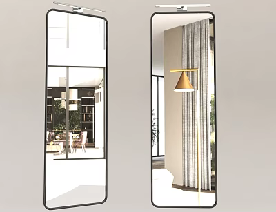 Full Length Mirrors Reflecting Modern Interior With Furniture Lamp And Curtains 3d model