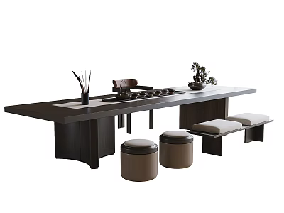 Elegant Wooden Tea Table Set With Long Surface Round Stools And Tea Utensils 3d model