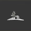 Small Snow Covered House With Windows And Snowy Pine Tree On White Snowy Ground